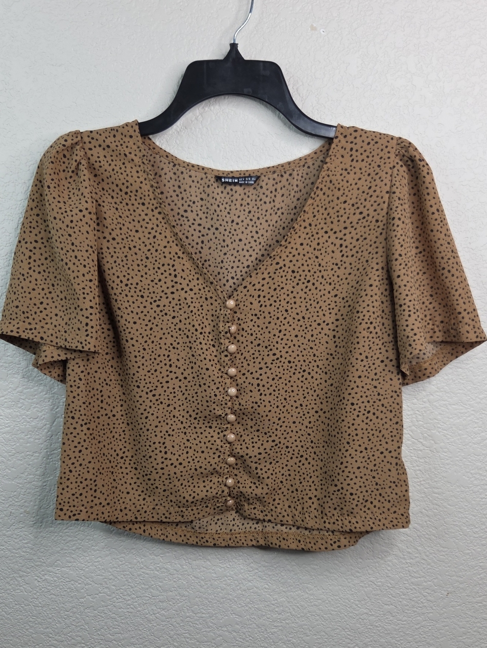 SHEIN Tan Polka Dot V-Neck Button Front Blouse